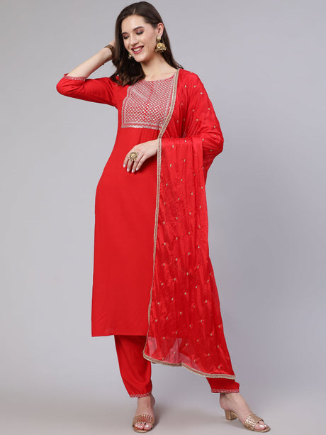 Red  Viscose Rayon Embroidered Kurta Sets