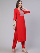 Red  Viscose Rayon Embroidered Kurta Sets