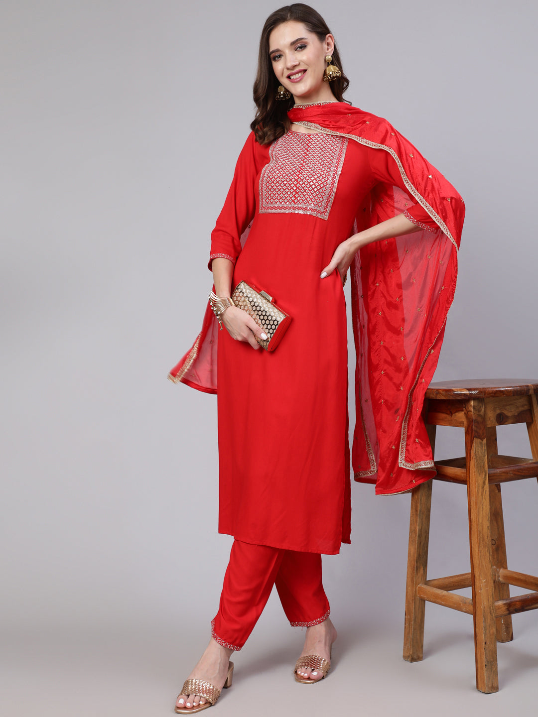 Red  Viscose Rayon Embroidered Kurta Sets