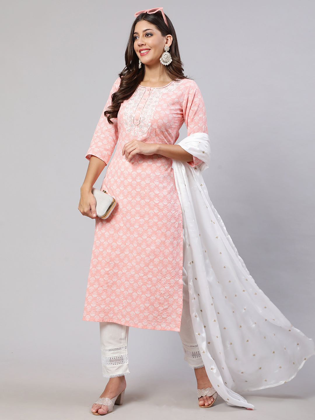 Pink  Pure Cotton Embroidered Kurta Sets