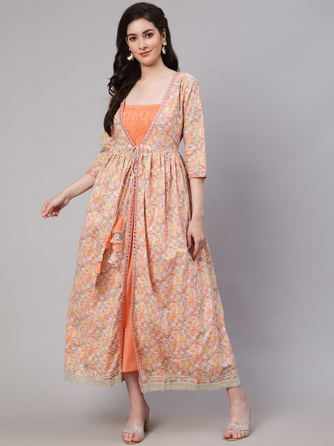 Peach  Pure Cotton Embroidered Dresses