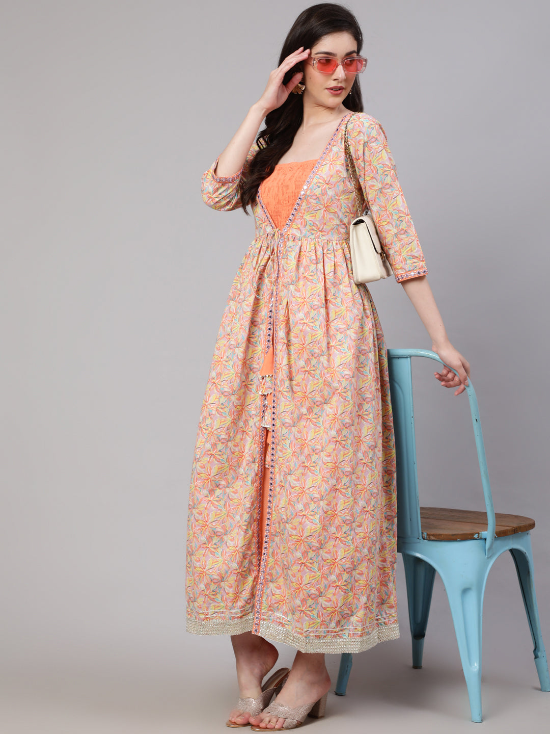 Peach  Pure Cotton Embroidered Dresses