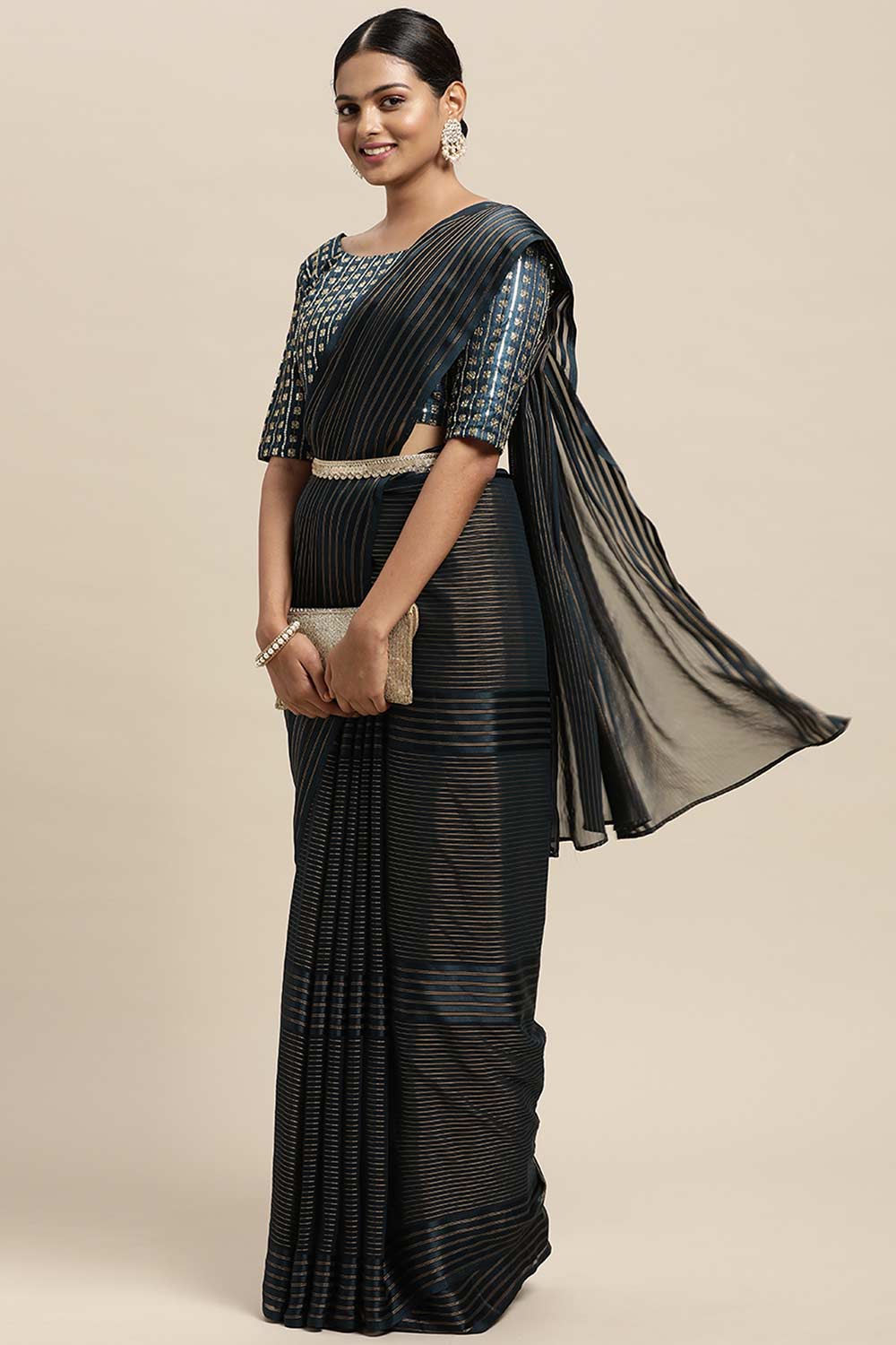 Teal Blue Georgette Striped Saree