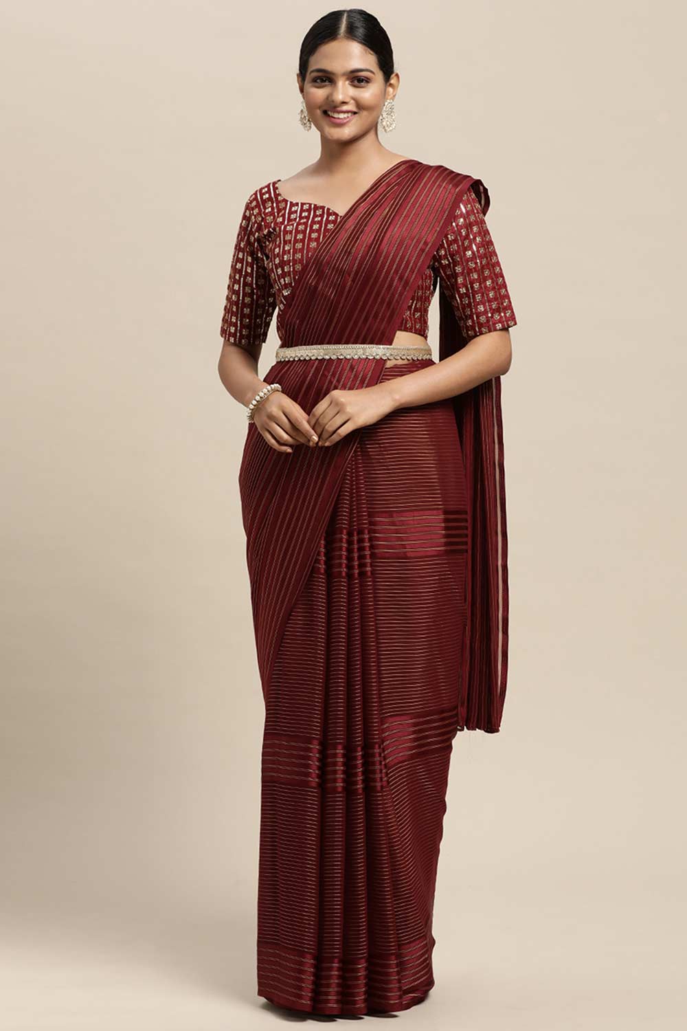 Buy Maroon Georgette Striped Saree Online