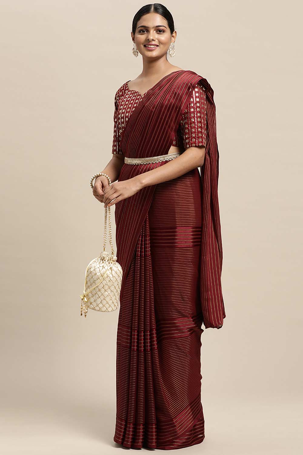 Buy Maroon Georgette Striped Saree Online - Front