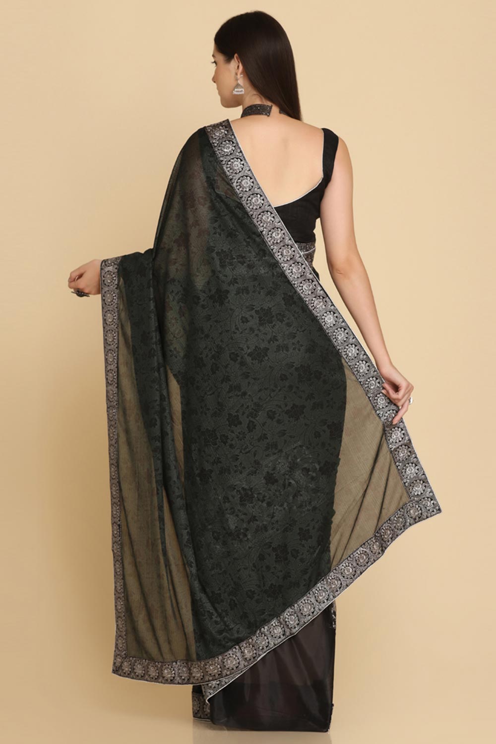 Buy Black Zari Work Party Wear Lycra Sarees Online - Side