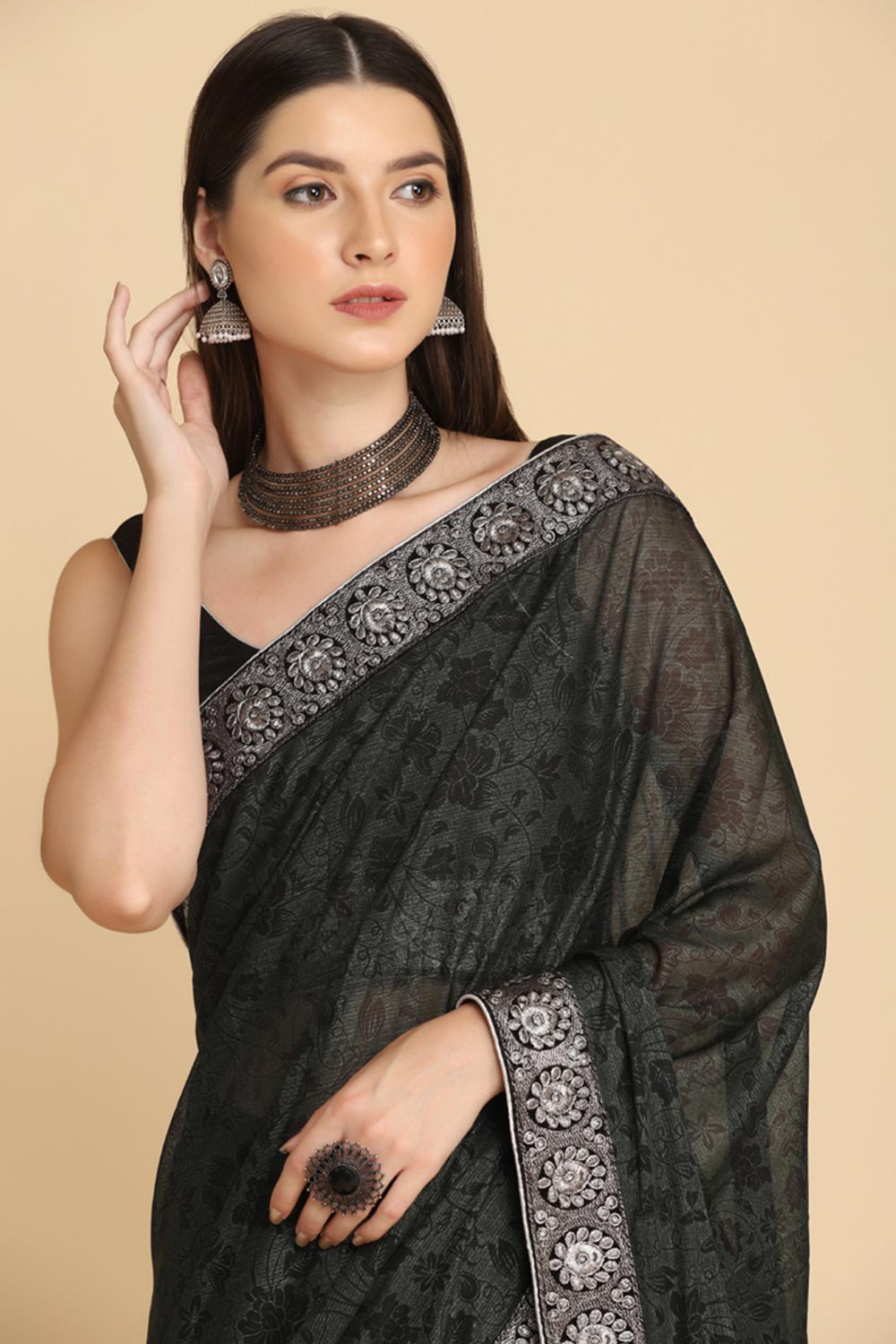 Buy Black Zari Work Party Wear Lycra Sarees Online - Zoom In