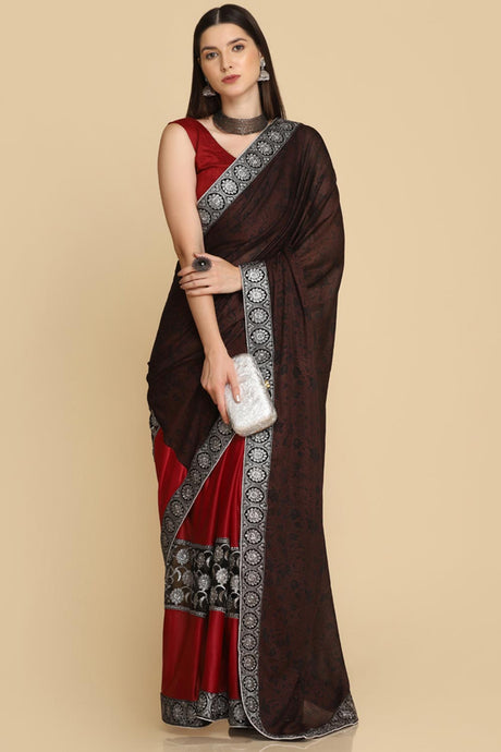 Buy Dark Maroon Zari Work Party Wear Lycra Sarees Online - Back