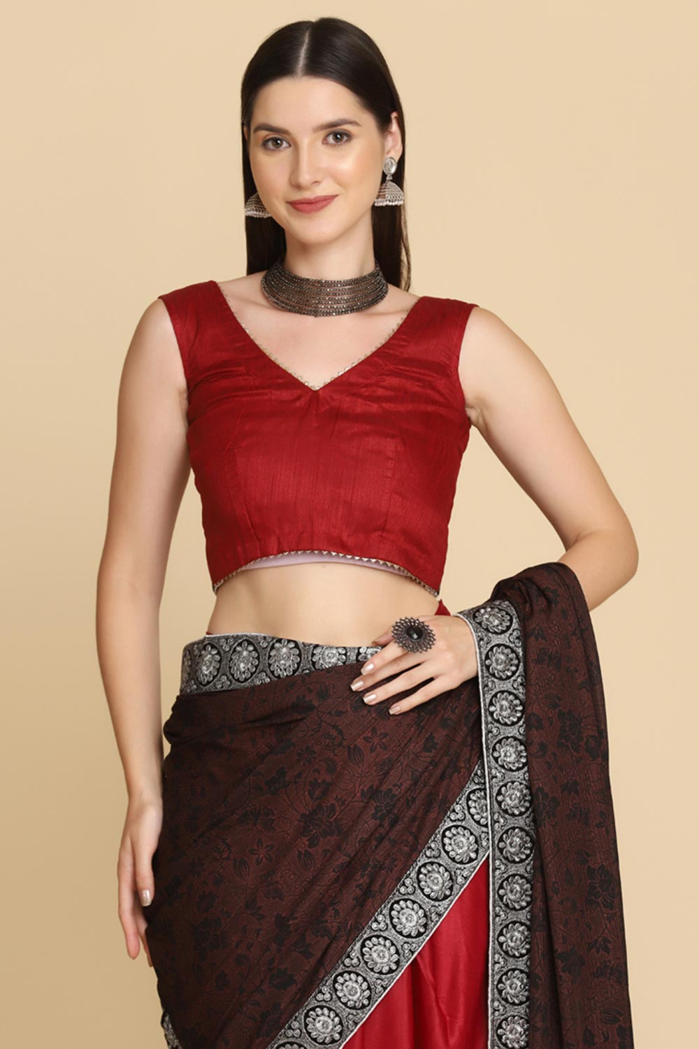 Buy Dark Maroon Zari Work Party Wear Lycra Sarees Online - Front