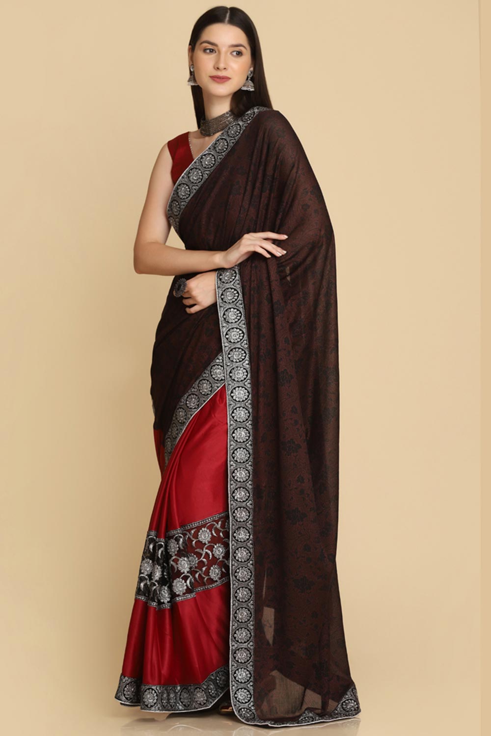 Buy Dark Maroon Zari Work Party Wear Lycra Sarees Online - Zoom In