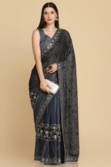 Buy Dark Grey Zari Work Party Wear Lycra Sarees Online - Back