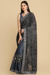 Buy Dark Grey Zari Work Party Wear Lycra Sarees Online - Zoom In