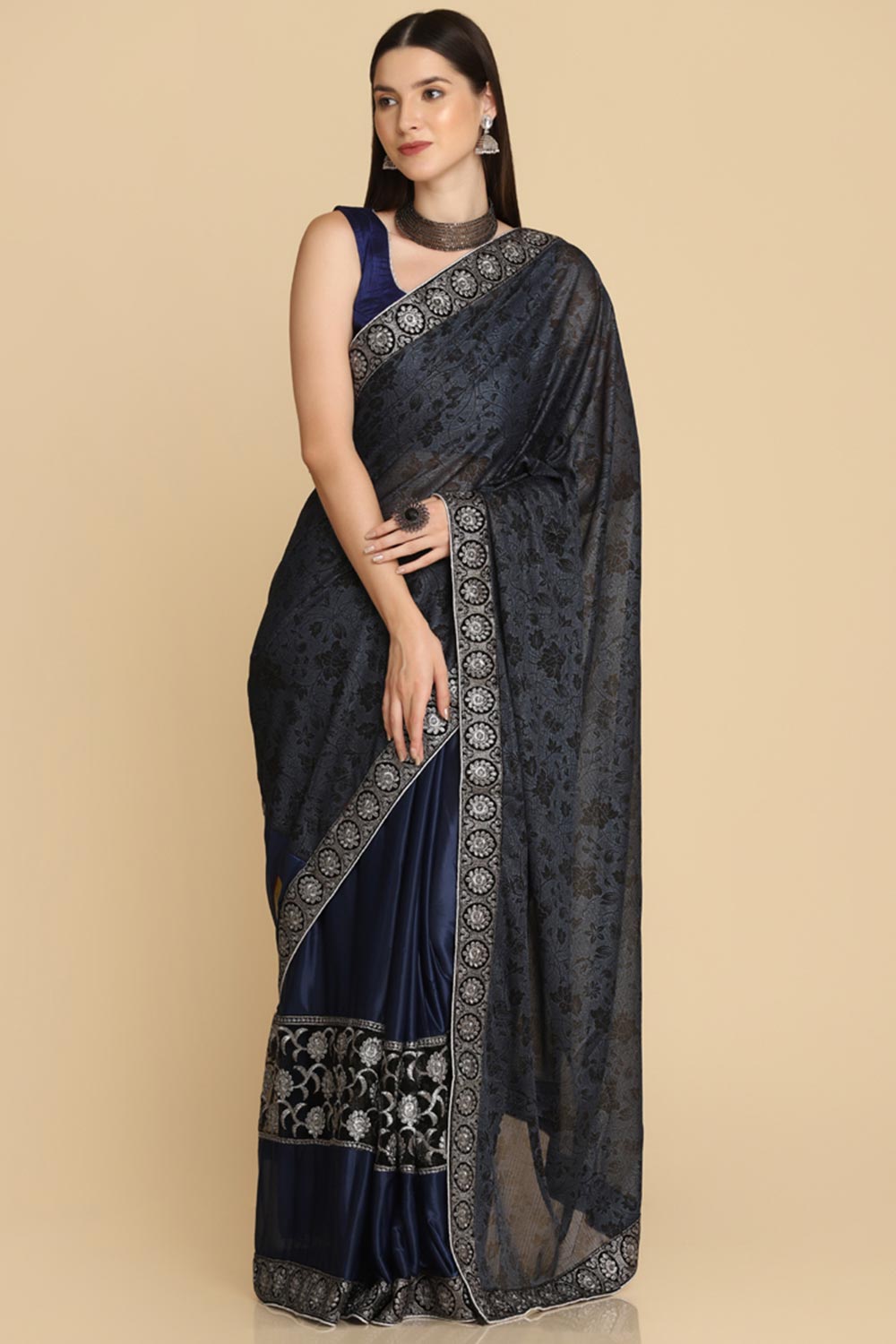 Buy Royal Blue Zari Work Party Wear Lycra Sarees Online