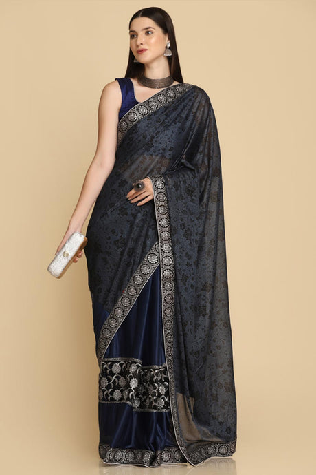 Buy Royal Blue Zari Work Party Wear Lycra Sarees Online - Back