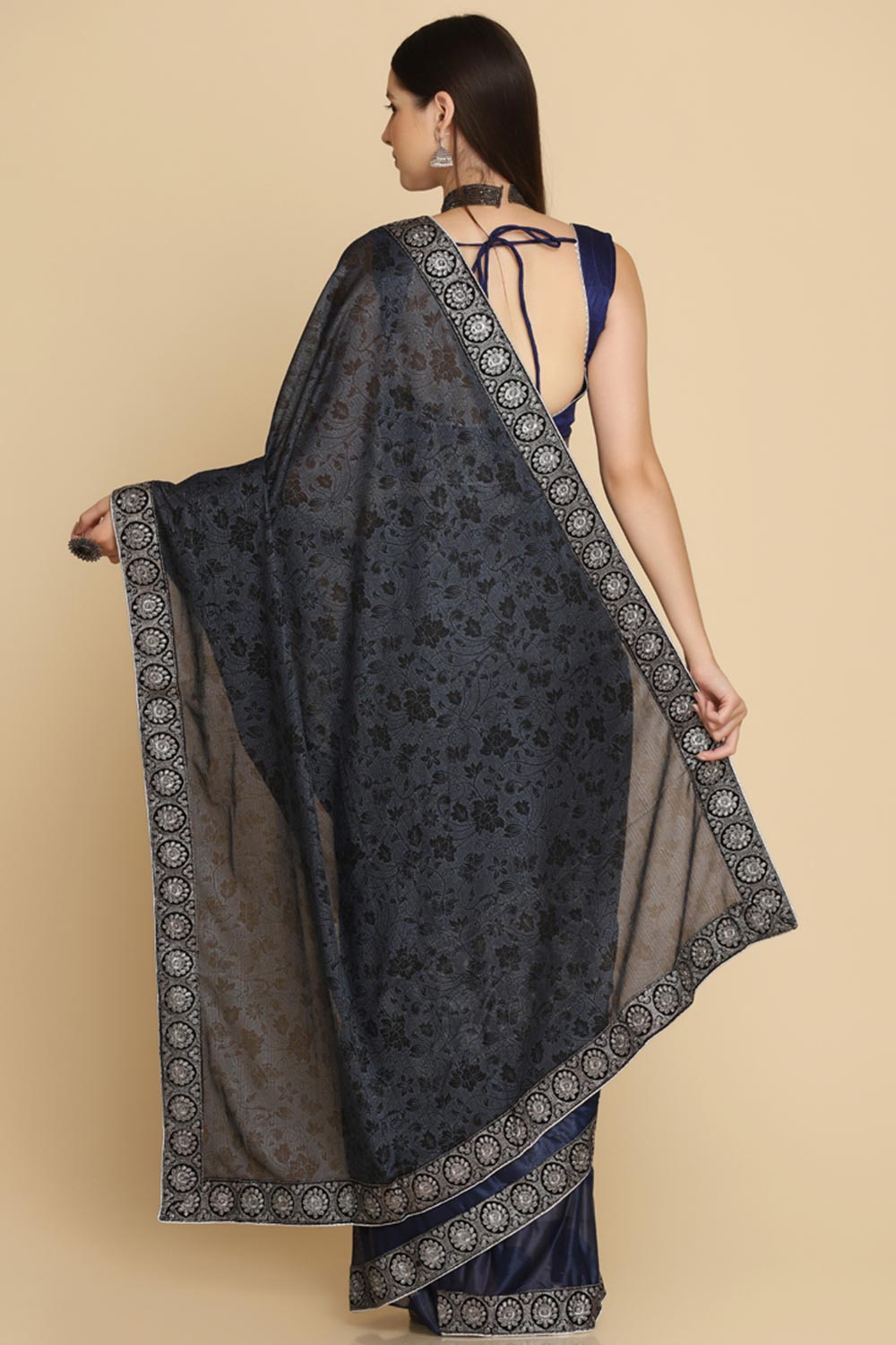 Buy Royal Blue Zari Work Party Wear Lycra Sarees Online - Side