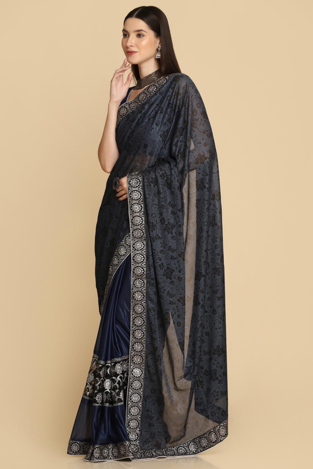 Buy Royal Blue Zari Work Party Wear Lycra Sarees Online - Zoom Out