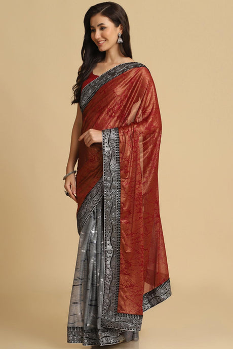 Buy Dark Red Zari Woven Party Wear Lycra Sarees Online - Back