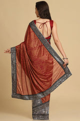 Buy Dark Red Zari Woven Party Wear Lycra Sarees Online - Side