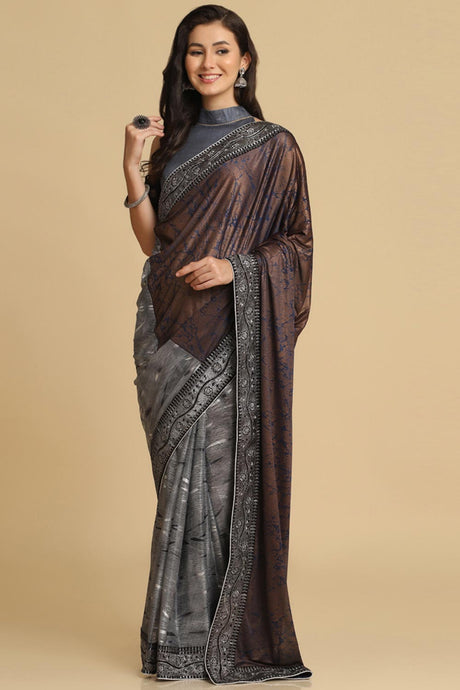 Buy Dark Grey Zari Woven Party Wear Lycra Sarees Online