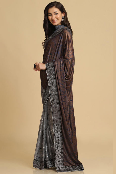 Buy Dark Grey Zari Woven Party Wear Lycra Sarees Online - Back