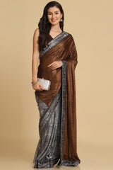 Buy Brown Zari Woven Party Wear Lycra Sarees Online