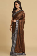 Buy Brown Zari Woven Party Wear Lycra Sarees Online - Back