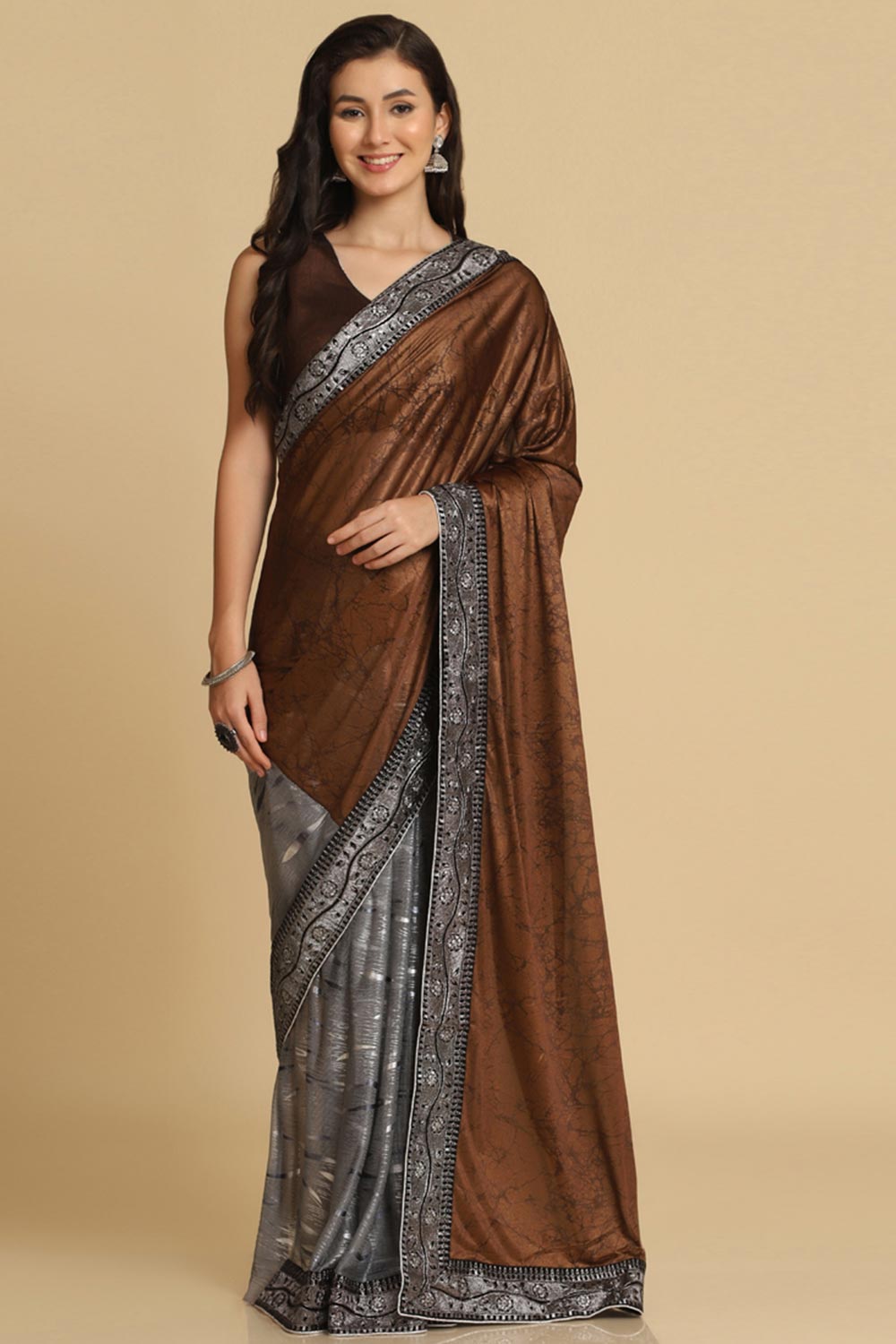 Buy Brown Zari Woven Party Wear Lycra Sarees Online - Zoom In