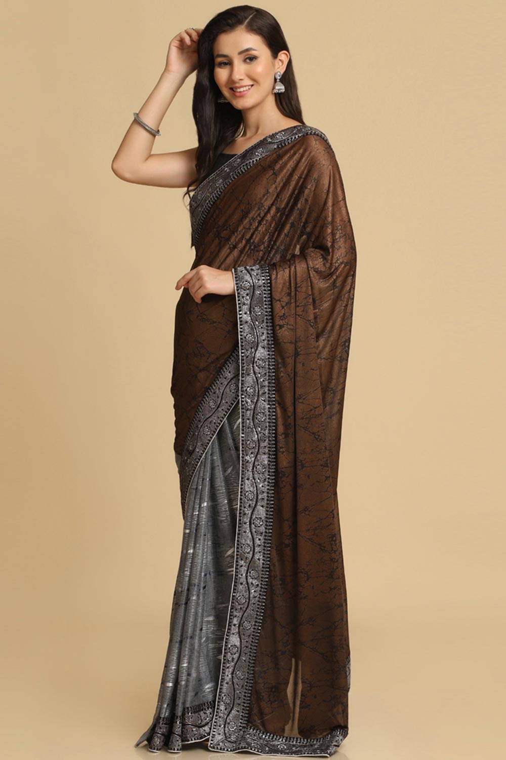 Buy Dark Brown Zari Woven Party Wear Lycra Sarees Online - Back