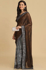 Buy Dark Brown Zari Woven Party Wear Lycra Sarees Online - Front