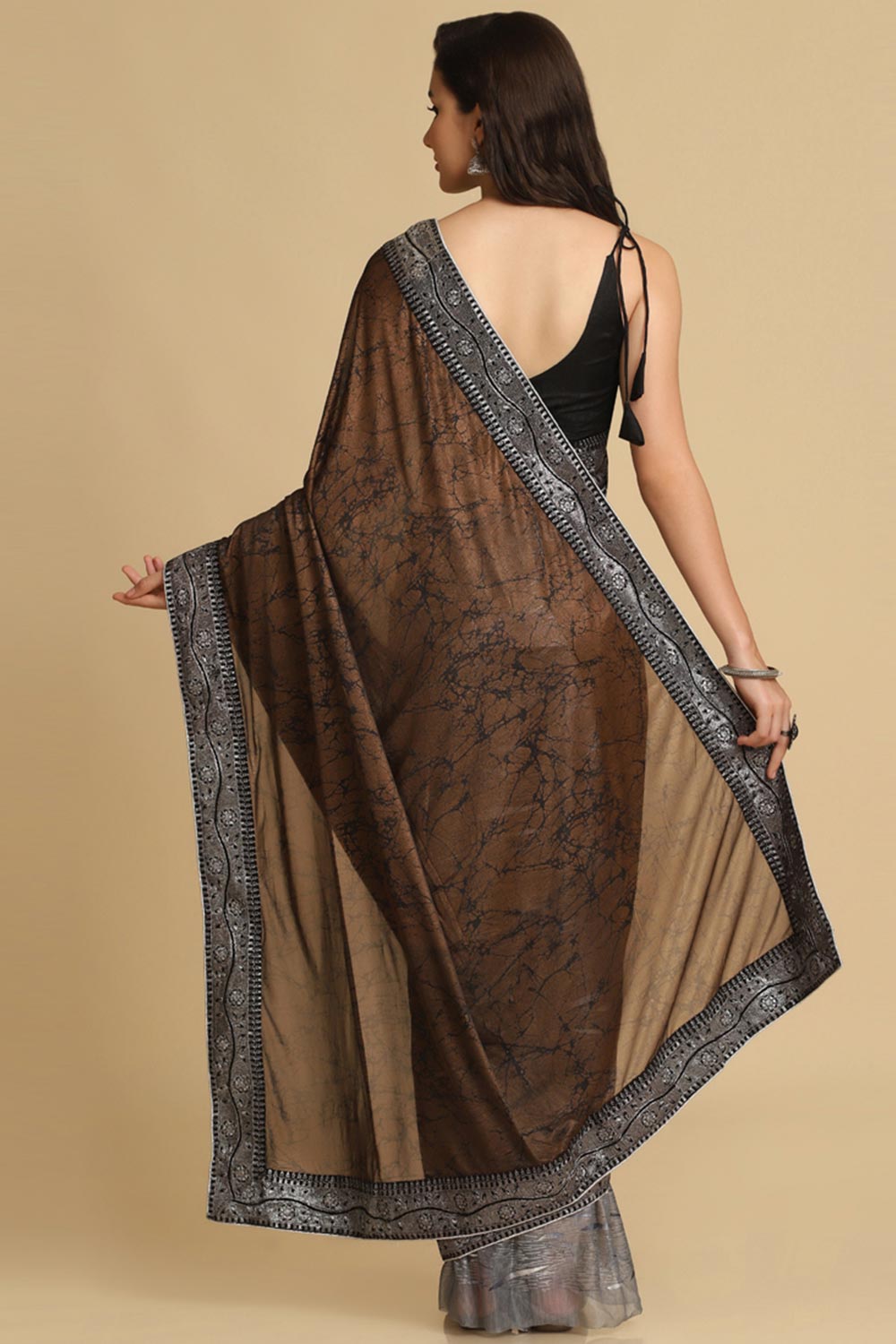 Buy Dark Brown Zari Woven Party Wear Lycra Sarees Online - Zoom In