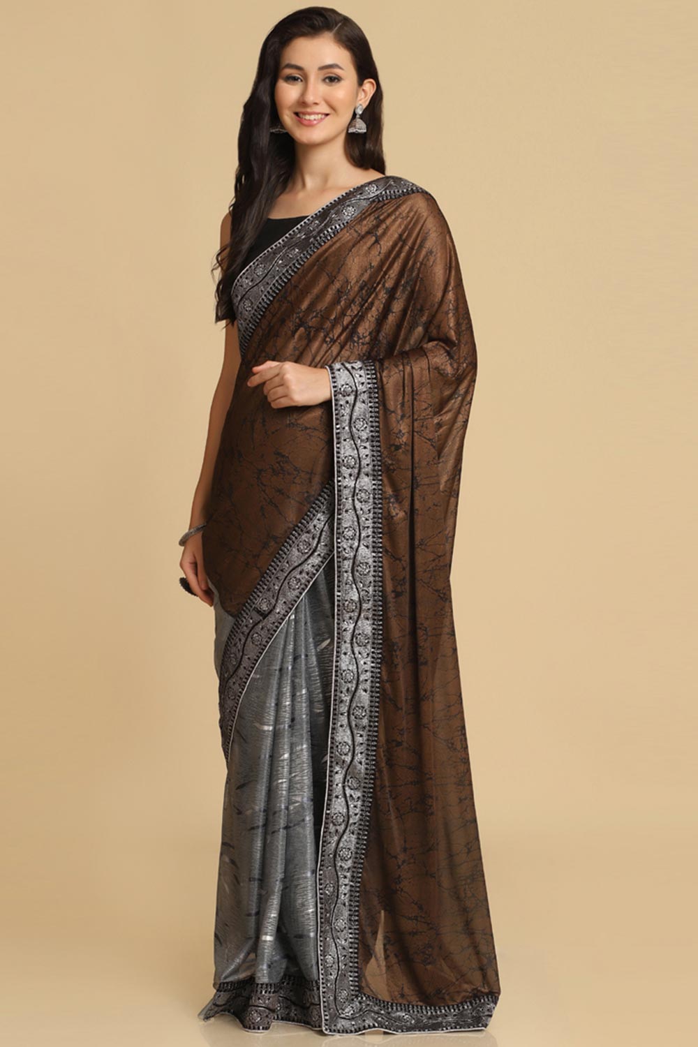 Buy Dark Brown Zari Woven Party Wear Lycra Sarees Online - Zoom Out