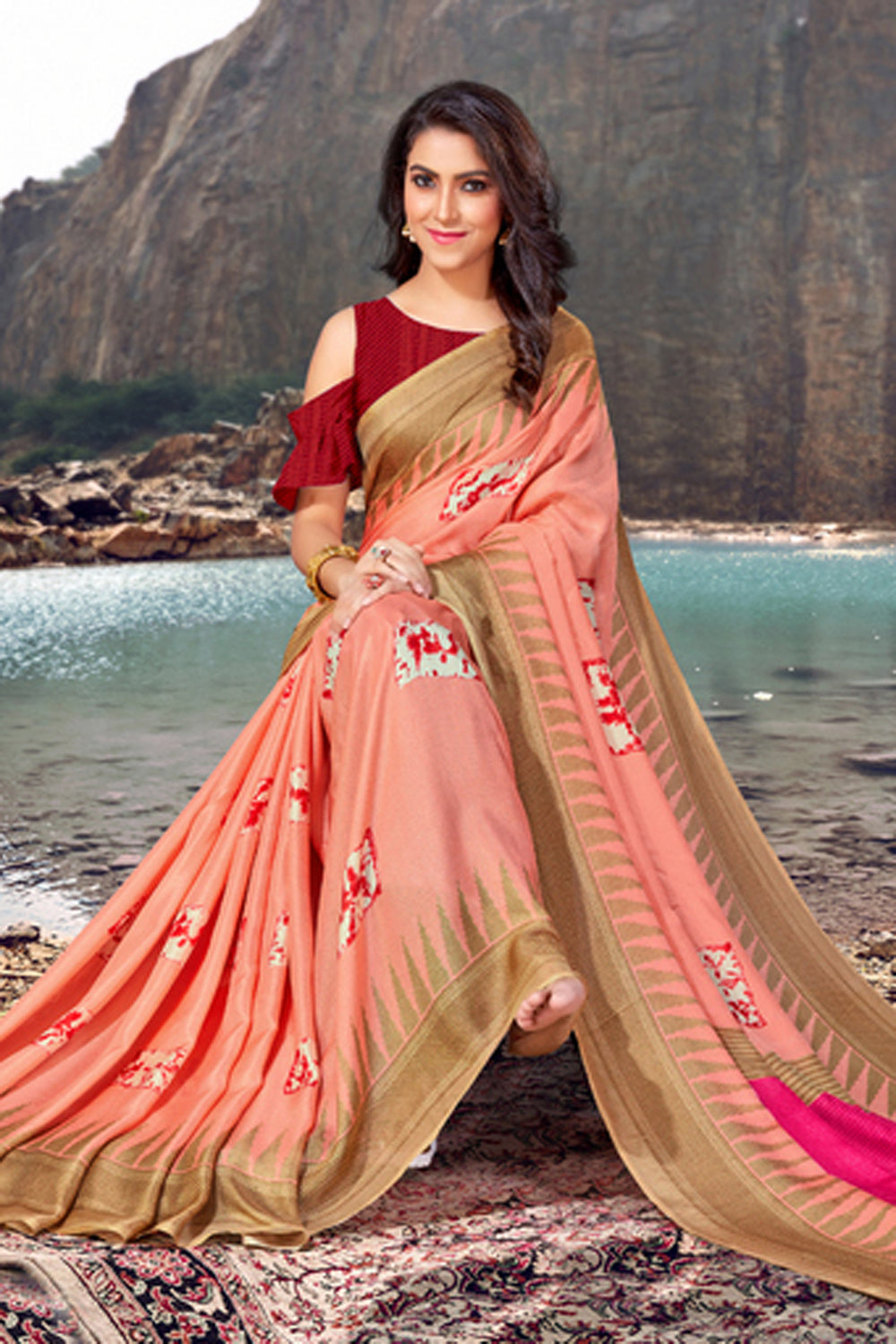 Blended Cotton Printed Saree In Peach