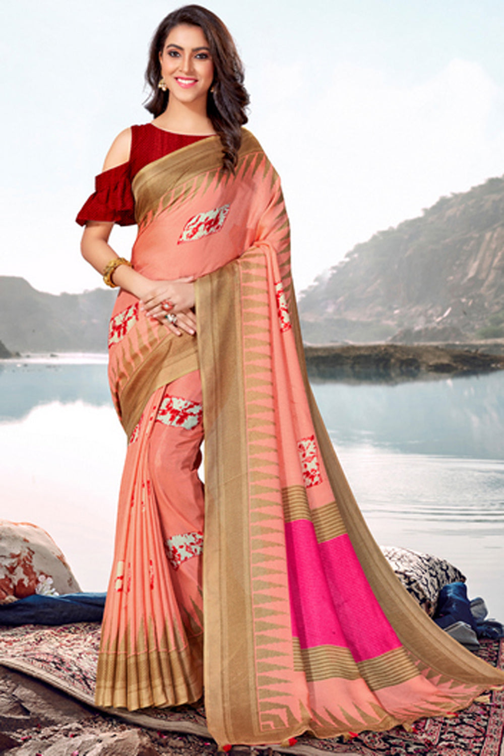 Blended Cotton Printed Saree In Peach