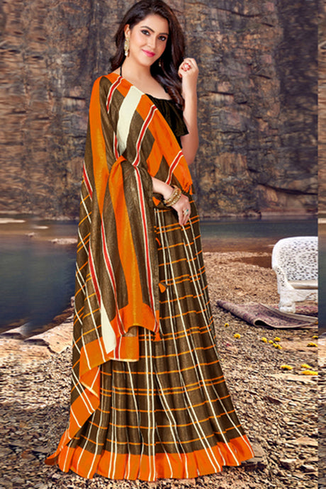 Blended Cotton Printed Saree In Brown