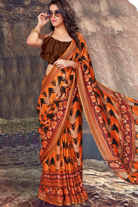 Blended Cotton Printed Saree In Orange