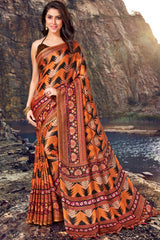 Blended Cotton Printed Saree In Orange