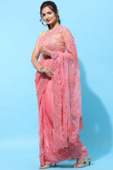 Buy Net Sequin Embroidered Saree in Pink Online - Back