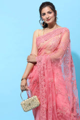 Buy Net Sequin Embroidered Saree in Pink Online - Side