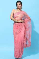 Buy Net Sequin Embroidered Saree in Pink Online