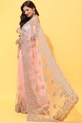 Buy Net Silver Zari Embroidered Saree in Peach Online - Front