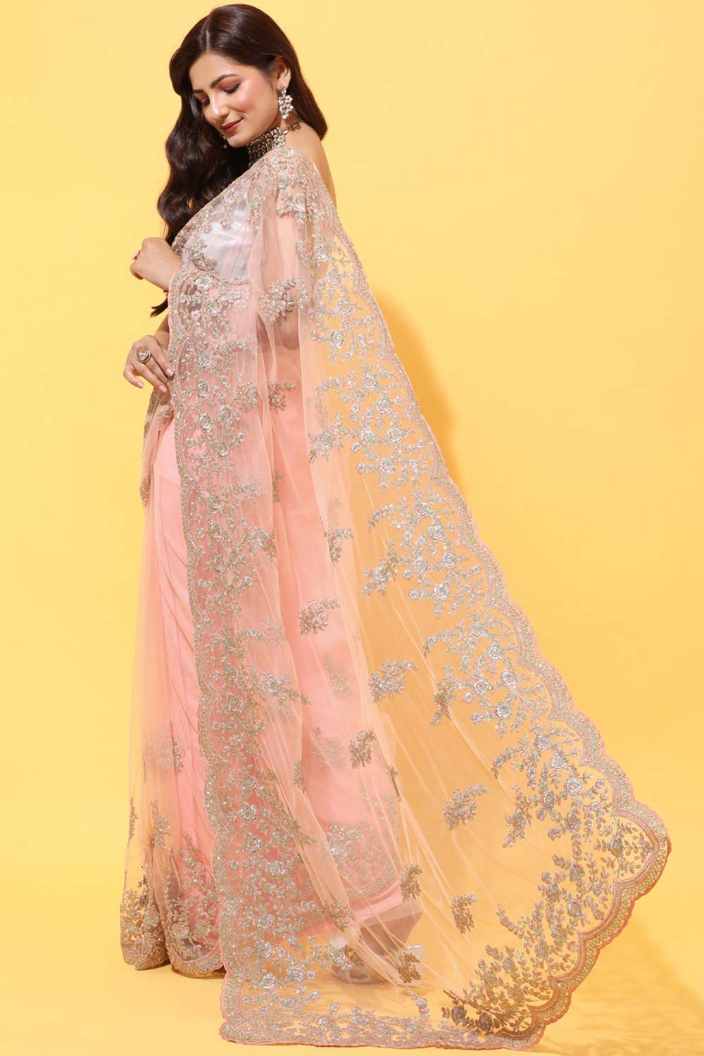 Buy Net Silver Zari Embroidered Saree in Peach Online - Back