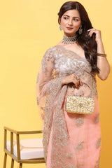 Buy Net Silver Zari Embroidered Saree in Peach Online - Side