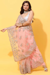 Buy Net Silver Zari Embroidered Saree in Peach Online