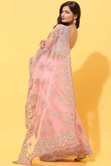 Buy Net Silver Zari Embroidered Saree in Pink Online - Front