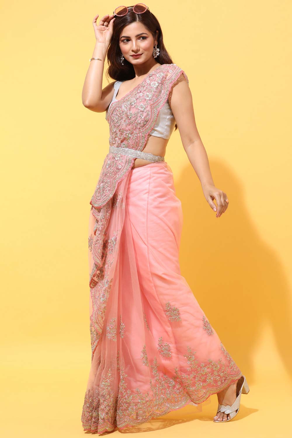 Buy Net Silver Zari Embroidered Saree in Pink Online - Back