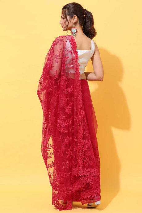 Buy Net Stone Embroidered Saree in Cherry Online - Front