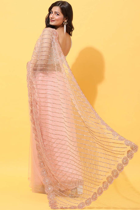 Buy Net Stone Embroidered Saree in Peach Online - Front