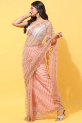 Buy Net Stone Embroidered Saree in Peach Online - Back