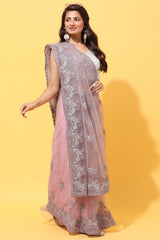 Buy Net Embroidered Saree in Lavender Online - Back