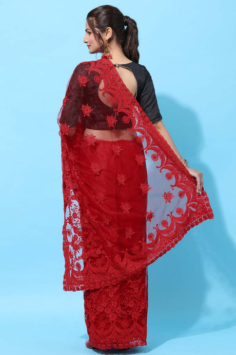 Buy Net Stone Embroidered Saree in Red Online - Front